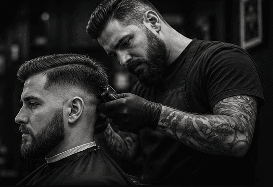 Barber giving a client a precision haircut